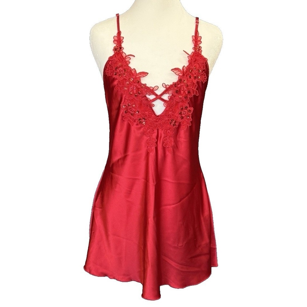 Vintage 90s Shirley Hollywood Satin‎ Lace Mini Cami Slip Dress Size M Red Sheer